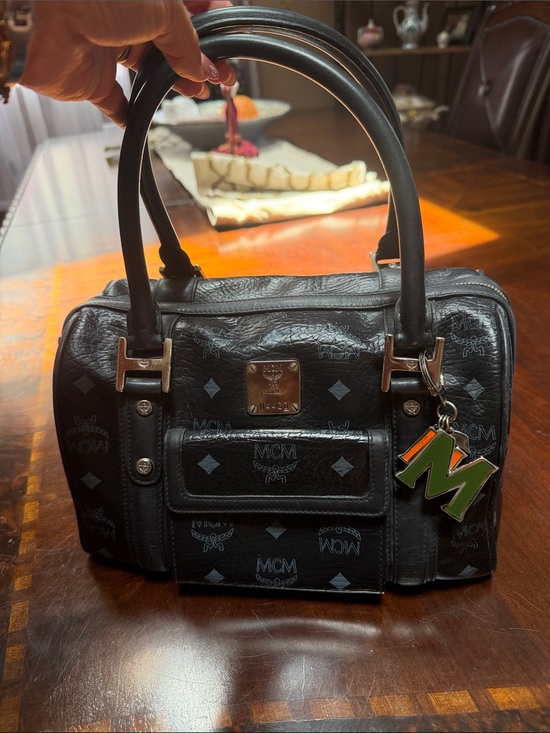 MCM Handbags - MCM Black Visetos Boston Satchel with Green and Orange M Charm